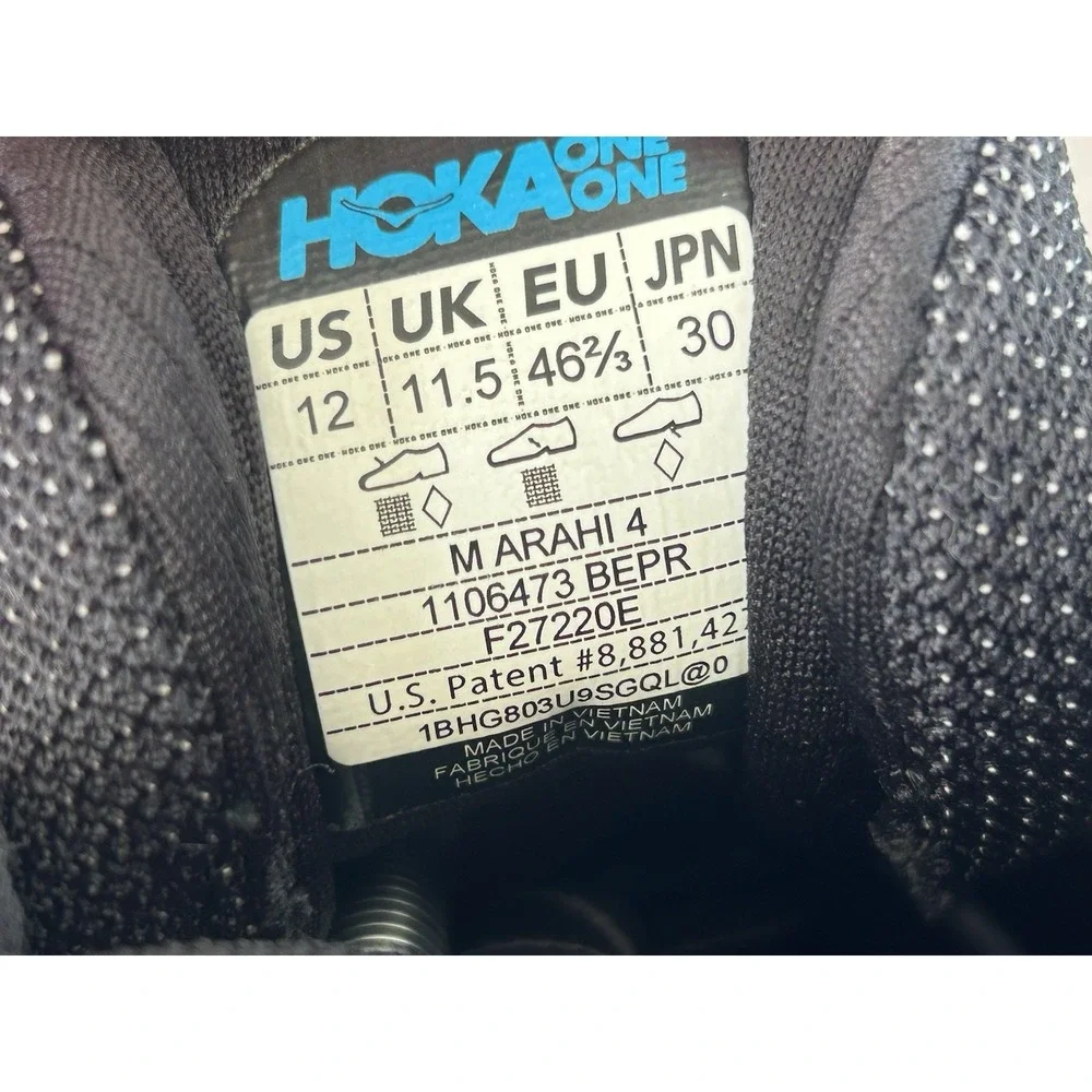 Hoka One One Size 12 Mens Black Arahi 4 Sports Performance Running Shoes